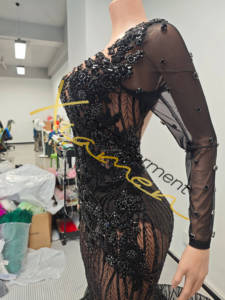 Ocstrade mới tính khí đầy đủ cơ thể màu đen Rhinestone V cổ Bodycon dài tay áo Sheer xem qua buổi tối ăn mặc Sage thanh lịch - Product Image 5