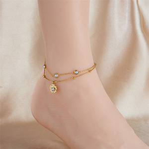Chevillère double chaîne en acier inoxydable plaqué or avec perles imitation marguerite et breloques petites perles pour adolescentes - Style décontracté - Product Image 1