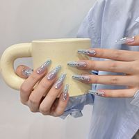 Ongles en forme de cercueil, effet ombré, longs, bleus, effet œil de chat, brillants, faits à la main en ABS avec strass transparents, 10 pièces, ongles ballerine lavande