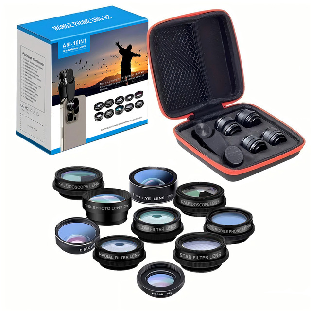 Professional Phone External Lenses 10-in-1 Kit Optical Glass Aluminum for Universal Smartphones Creative Portable
