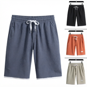 Shorts décontractés pour hommes à cordon de serrage, taille haute, couleur unie, en tissu gaufré de polyester, coupe courte, pour l'été, la plage et la gym - Product Image 1