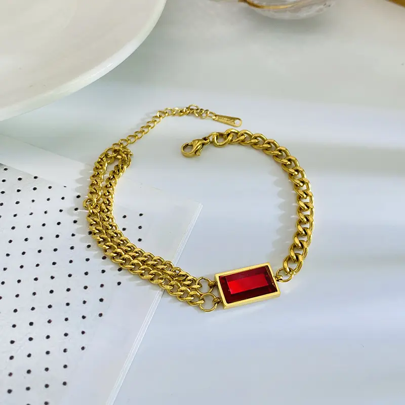 महिलाओं डबल परत धूमिल मुक्त स्टेनलेस स्टील क्यूबा लिंक कंगन असली 18k सोना मढ़वाया ग्रीन हीरा रत्न रूबी कंगन
