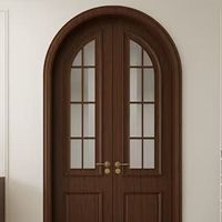 Porte vitrée arquée noire de style français avec grille, cadre en bois massif/PVC pour villa, hôtel, hôpital, salle à manger, entrée