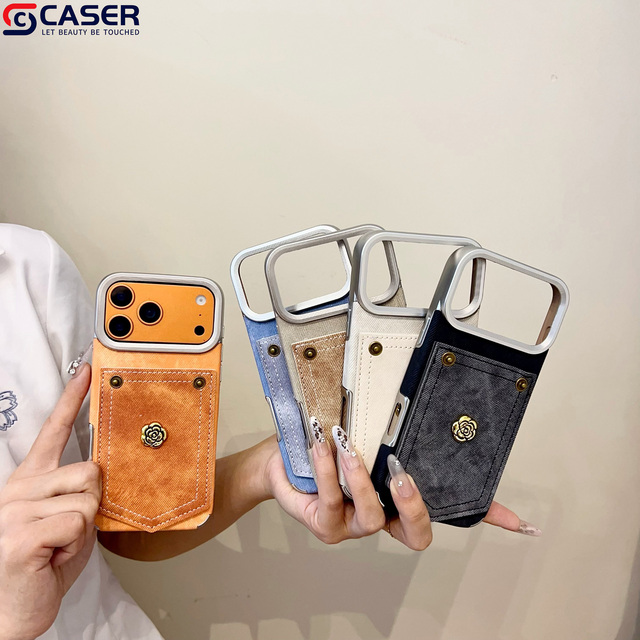 Denim Camellia Card Holder Compartment Bag Drop-proof Pure Color Electroplating Large Holes Trendy Phone case for Iphone12-17