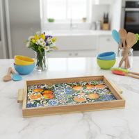 Plateau de service bohème en bois et céramique avec poignées - Plat multifonctionnel résistant à la chaleur pour les fêtes et les repas