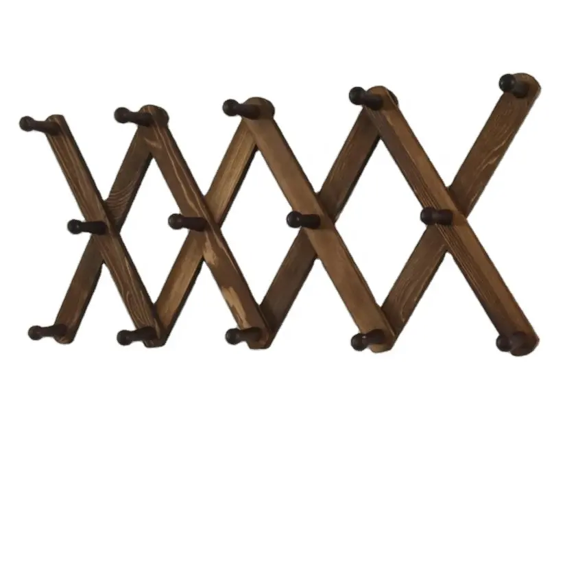 Wall Mounted Pine Wood Hooks Expandable Wooden Coat Rack Hanger with 14 pegs hooks for hat coat bag