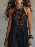 Robe longue élégante noire Joydressing à col halter, sexy, avec patchwork de dentelle, fluide, style bohème, pour fêtes à la plage, vente en gros, fournisseur personnalisé