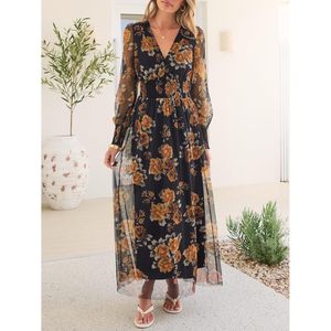 Robe longue florale pour femme, col en V, manches longues bouffantes, coupe trapèze, taille empire en tulle, élégante robe de cocktail - Product Image 3