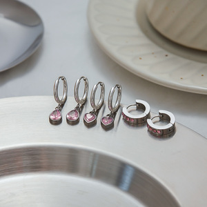 ต่างหู huggie ต่างหูสีชมพูเซอร์โคเนียมรูปหัวใจหยดน้ำตาเป็นหนามเตยใส่ได้ทุกวันต่างหูห้อยทำจากสแตนเลส - Product Image 2