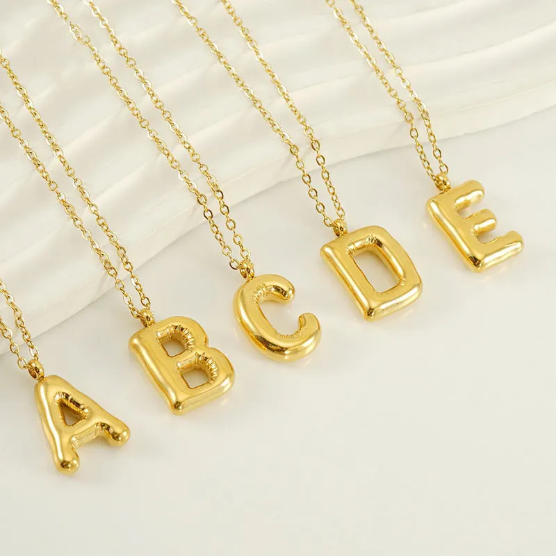 Gold Plated Chunky Bubble Alphabet Letter Necklace Jewelry Women Personalized Stainless Steel Balloon Initial Pendant Necklace