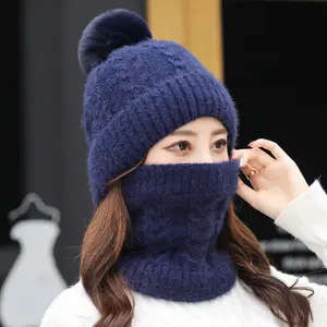 Wholesale Winter Beanie Hat Solid With Thick Fleece Lined Scarf Neck Set Warm Thermal Knit Hat And Scarf