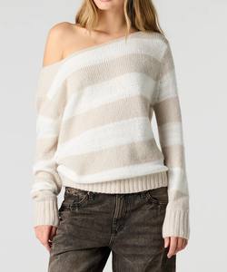 Pull décontracté rayé tricoté à la main, respirant, style coréen, épaules dénudées, pour l'hiver - Product Image 1