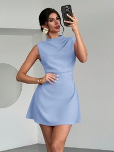 Vestido de satén sin mangas de línea A Digital teñido liso de verano para mujer, estilo informal a la moda, cintura Natural tejida con Logo frontal - Product Image 4