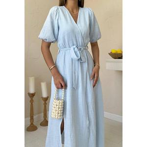 Vestido de lino muselina azul claro con cuello y corte holgado, transpirable, para uso diario informal, venta al por mayor - Product Image 2