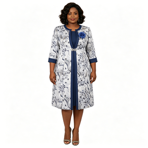 Ensemble robe de cocktail imprimée florale grande taille pour femme avec veste, élégant, col rond, longueur genou, pour l'automne et les occasions religieuses - Product Image 3