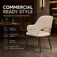Fauteuil de salle à manger moderne à dossier haut, rembourré, avec accoudoirs incurvés crème et pieds en métal noir pour hôtel et restaurant