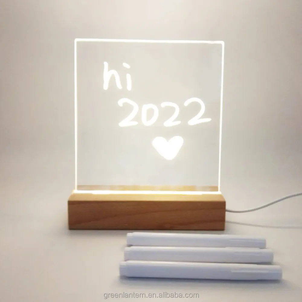 Erasable Writing Board Light LED Message Writing Board Blank Acrylic Memo Rectangular Wooden Base LED Night Light