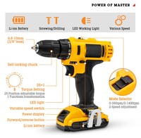 Perceuse électrique professionnelle sans fil, kit de perceuse avec 2 batteries au lithium, chargeur en 1 heure, coffret rigide, garantie OEM de 3 ans, acier inoxydable