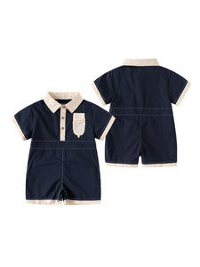 Vestito Estivo per Neonati in Cotone Leggero, Stile Workwear con Decorazione a Bottoni, Maniche Corte, Blu Navy Trendy, Nuova Collezione - Product Image 4
