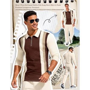 Mens 2 Piece <b>Tracksuit</b> Casual Long Sleeve Polo Shirt And Pants Set Breathable Athletic Outfit For Adults - Product Image 2