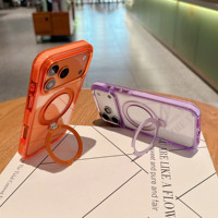 Étui magnétique transparent de luxe pour iPhone 17 16 15 Pro Max avec protection antichoc en métal pour l'appareil photo, support anneau 360° et béquille intégrée, transparent