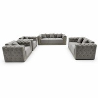Ensemble de canapés Chesterfield gris velours moderne 3 pièces |   Canapé de salon avec garniture dorée et tufting diamanté |   Meubles rembourrés de luxe