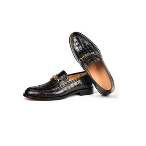 Black Genuine Leather Round Toe With <b>Gold</b> Buckle <b>Flat</b> Slip-On Dress <b>Shoes</b> Drop Shipping - Product Image 2