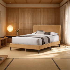 Base de <span class=keywords><strong>Cama</strong></span> Tapizada en Pana Clásica con Cabecera Plegada Verticalmente, Fácil de Montar, Tamaño King, Muebles de Dormitorio, OEM ODM - Product Image 4