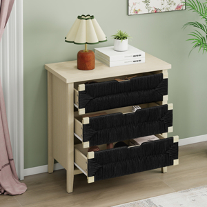 Luxury Solid Wood 3-Drawer Buffet <b>Sideboard</b> Adjustable Shelves Hand-Woven Rope Drawers <b>Storage</b> Cabinet for Living Room Kitchen - Product Image 5