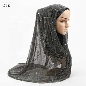 Wholesale Luxury Gold Elastic Sequins Long Scarf Muslim Shimmer Turban Shiny Metallic Polyester Hijab Scarfs