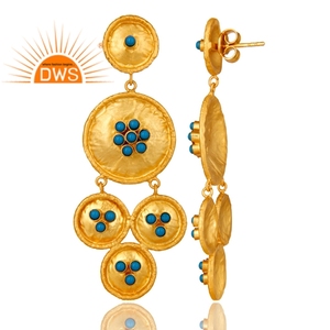 ต่างหูพลอยเทอร์ควอยซ์ธรรมชาติ ชุบทองคำขาว 22k แบบด้าน เงินแท้ 925 ต่างหูทรงแชนเดอเลียร์ ผู้จำหน่ายเครื่องประดับ - Product Image 3