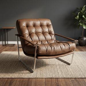 Sillón de Cuero Marrón Moderno, Respaldo Acolchado, Patas de Metal, Estilo Mid-Century, Muebles para Sala de Estar - Product Image 2