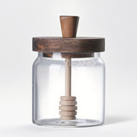 Tarro de miel de vidrio transparente con tapa de madera, cuchara, contenedor de cocina para conserva de jarabe de miel