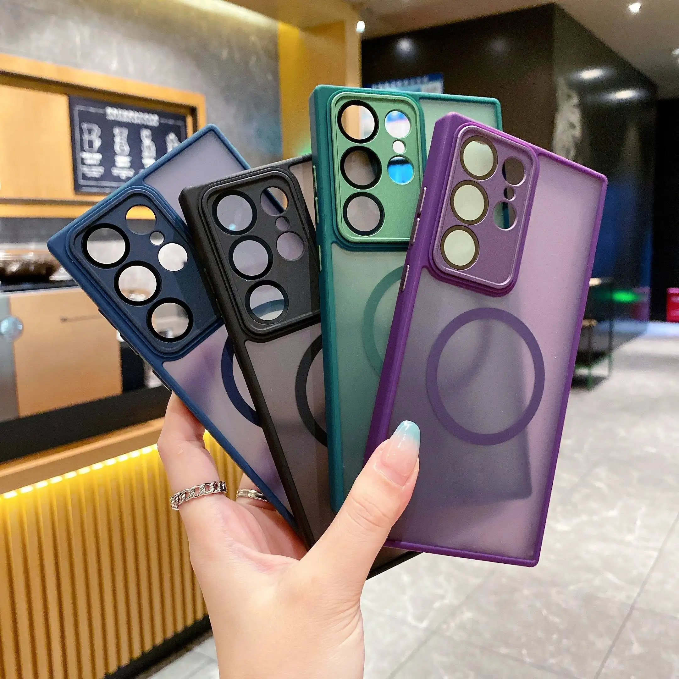 Frosted Skin Sense Magnetic Phone Case For Samsung S24 S23 S22 Ultra Mobile Phone Cases Full Cover Lens with Glass Lens Film