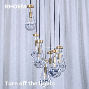 Lampadario Rotondo RHOEM RH con Gocce di Vetro Soffiato a Mano, Copertura in Ottone Massiccio, Certificato UL 110V - Product Image 2