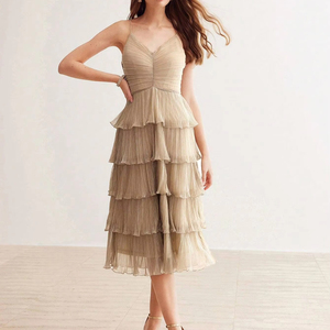 Váy liền thân nữ mùa hè 2025 kiểu cổ V, dáng midi, phong cách tiên nữ, thiết kế xếp tầng bèo nhún, chất liệu ren - Product Image 3