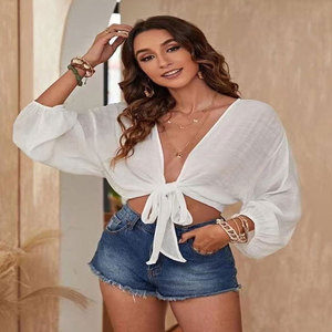 Lancai personalizado moda frente abierto anudado blusa sexy camisa corta elegante manga larga mujeres Crop Top para vacaciones en la playa - Product Image 2