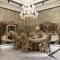 Ensemble table et chaises de salle à manger en bois antique sculpté à la main de style européen royal baroque, design traditionnel de villa