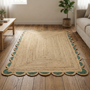 Natural Jute Woven <b>Rug</b> Rectangle <b>Scalloped</b> Edge Green Border Bohemian Medium Pile Eco Friendly Reversible Braided Area Carpet - Product Image 2