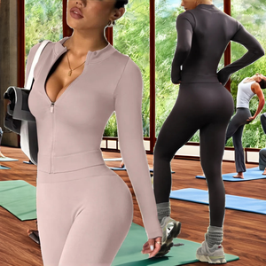 Traje de Yoga de cintura alta Mangas largas Cintura elástica Cierre de cremallera completa Patrón sólido Traje deportivo Levantamiento de cadera Pies atados Logo Frontal - Product Image 2