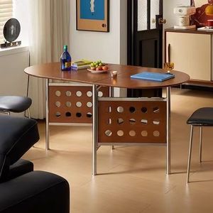 Oval Foldable Extendable Wooden <b>Dining</b> <b>Table</b> With Stone Slab Top For Small Spaces Nordic Style - Product Image 4