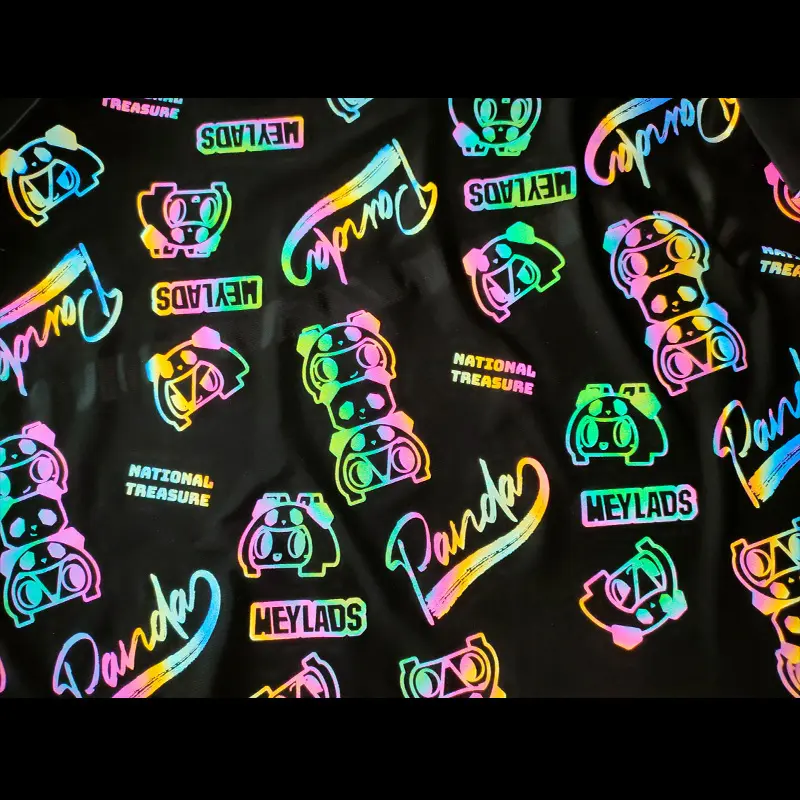 custom new stylish hi vis neon rainbow reflective smart cartoon digital printing 4 ways stretchy fashion clothing cloth fabric