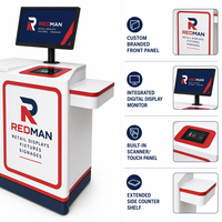 Mostrador de Punto de Venta Blanco para Minoristas con Soporte para Monitor, Base Roja, Escritorio Moderno para Cajero de Tienda