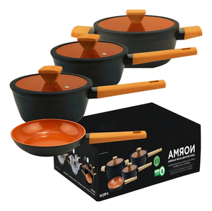 Ceramic Coated Pot <b>Pan</b> Silicone Glass <b>Lids</b> Wooden Soft Touch Handle Non Stick Forged 7 Piece Aluminium Cookware Set - Product Image 1