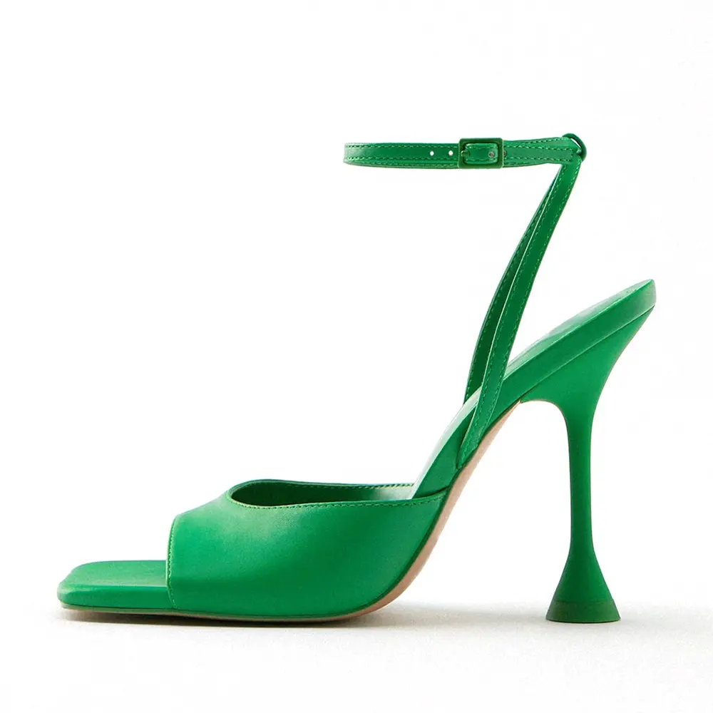 Fashion Green Stiletto Sandals Buckle Strap Square Toe Pretty Plus Size Summer High Heels For Ladies Party