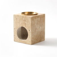 Diffuseur d'huiles essentielles Maxery en pierre travertin Brûleur de bougie Diffuseur d'huile en laiton satiné blanc en forme de cube