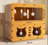 Boîte de jeu interactive pour chat en bois massif multi-trous avec balles à clochettes suspendues, trous perforés détachables, assemblée