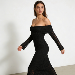 Abiti da donna neri con spalle scoperte, collo ampio, maniche lunghe in <span class=keywords><strong>pizzo</strong></span> testurizzato, abiti da sera lunghi aderenti per feste - Product Image 3