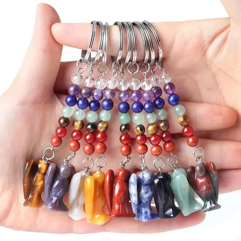 Crystals Healing Gemstone Accessories Natur Colorful 7 Chakra Mixed Quartz Crystal Angels Key Chains For Gift