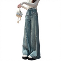 Jean large droit pour femme, taille haute, coupe ample, avec rivets décoratifs, style décontracté, collection printemps
